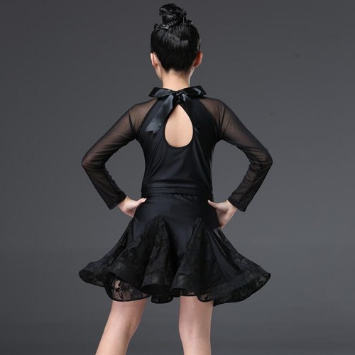 Girls latin dresses lace black long sleeves children stage performance ballroom salsa rumba samba competition dress